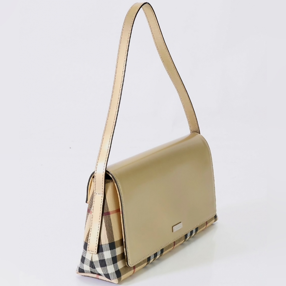 Burberry London Beige Leather & Coated Canvas Novacheck Shoulder Bag
